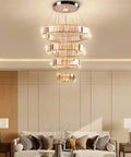 Four Ring Crystal LED Chandelier Pendant Light With Warm White 3000K Dope Modern Stainless Steel Ring Ceiling Fixture in living room