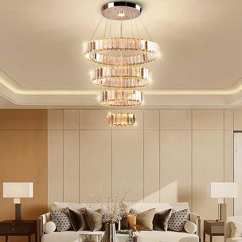 Four Ring Crystal LED Chandelier Pendant Light With Warm White 3000K Dope Modern Stainless Steel Ring Ceiling Fixture in living room