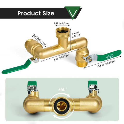 Beast Mode Heavy Duty Brass Garden Hose Splitter With 360 Degree Rotatable Joints Full Flow Large Ball Valve Long Handle Thickened Solid Brass Three Quarter Inch GHT Thread Ideal For Outdoor Faucets Lawn Irrigation And Car Wash size view