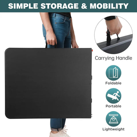 Person holding Six Foot Outdoor Folding Dining Table For Parties And Weddings, Portable Rectangular Plastic Table With Built In Carrying Handle, Black