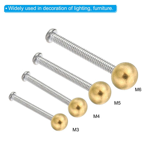 Brass Ball Cap Nuts M4x0.7 Thread Pack of 10, Decorative Screw Caps for Furniture and Lighting, size comparison of M3, M4, M5, and M6