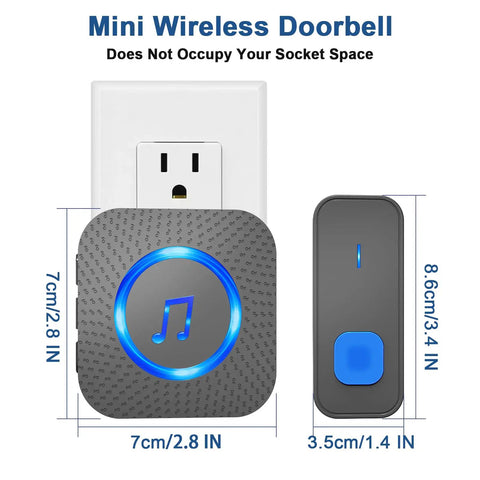 Dope Wireless Doorbell System With 3 Receivers And 1 Button IP55 Waterproof, shown plugged in, dimensions labeled.