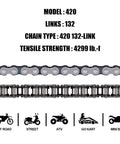 DYC 420 motorcycle chain, 132-link roller chain for ATVs and mini bikes