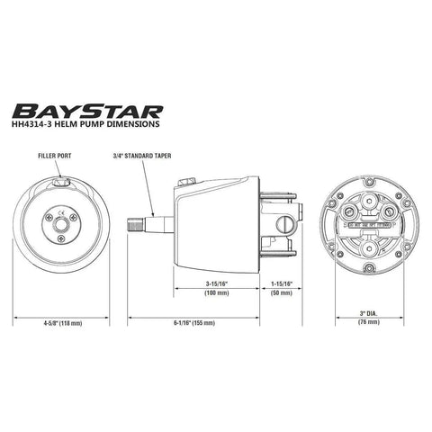Technical drawing of BayStar HH4314-3 helm pump, part of Hydraulic Steering Kit For BayStar Universal Fit With Five Wheel Turns Lock To Lock