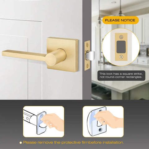 2 Pack Satin Brass Interior Door Knobs and Passage Lever Set on white door, installation instructions visible