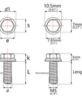 Diagram of Super Tough Titanium Grade 5 Flange Hex Head Bolts M5x20mm, dimensions labeled for bicycle, car, and motorcycle upgrades.