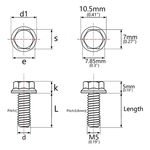 Diagram of Super Tough Titanium Grade 5 Flange Hex Head Bolts M5x20mm, dimensions labeled for bicycle, car, and motorcycle upgrades.
