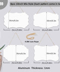 8 Pack 10 Inch Double Sided Aluminum Sublimation Door Sign Blanks With Jute Rope For Heat Press DIY Craft Plaques And Rectangle Wall Hangings 4 Mix Styles For Custom Dope Door Decor showcasing assorted shapes and jute rope, 10 inch size with measurement labels.