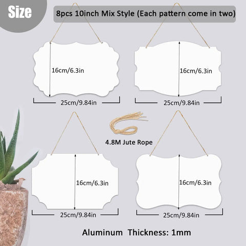 8 Pack 10 Inch Double Sided Aluminum Sublimation Door Sign Blanks With Jute Rope For Heat Press DIY Craft Plaques And Rectangle Wall Hangings 4 Mix Styles For Custom Dope Door Decor showcasing assorted shapes and jute rope, 10 inch size with measurement labels.