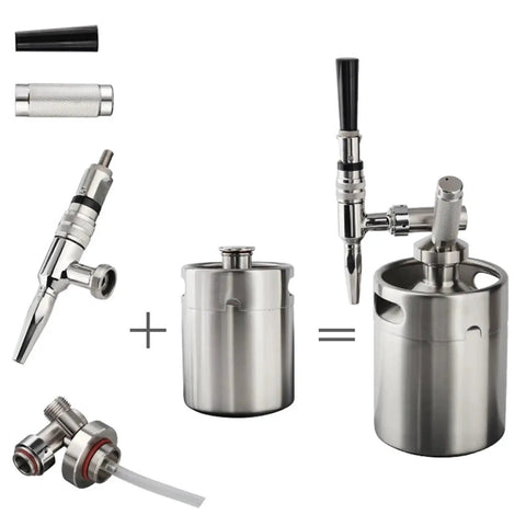 Badass Top Shelf Nitro Cold Brew Coffee Maker Mini Keg With Rapid Nitrogen Gas Dispenser Setup Awesome For Home Brews And Ultra Smooth Stout Creamer Pouring Daily parts, stainless steel components, assembly view.