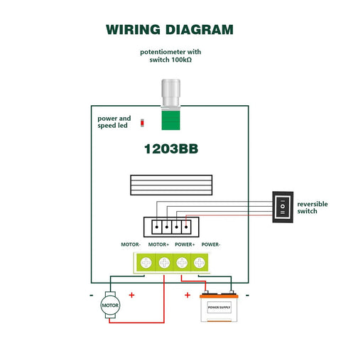 Wiring diagram for Boss PWM Motor Speed Controller for DC Motors With Forward and Reverse Reversible Knob Switch 6V to 28V Adjustable
