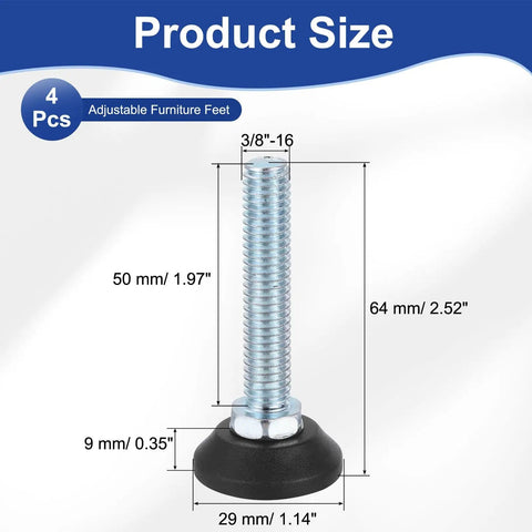 Four Pack Adjustable Furniture Levelers With Three Eighths Inch Thread Black Anti Slip Feet For Chairs Tables And Cabinets Durable Stainless Steel Threads Plastic Base 64 Millimeter Total Length Easy Install