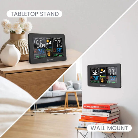 Must Have Wireless Weather Station With Color LCD Display Indoor Outdoor Thermometer Atomic Clock shown on desk and wall mounted