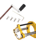 Heavy Duty Aluminum Router Table Lift System With Precision Handle Hassle Free Height Tuning For Woodworking Crews Fits 64 To 66 Millimeter Motors tools and components including a crank and screws.
