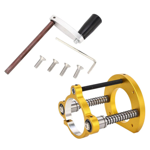 Heavy Duty Aluminum Router Table Lift System With Precision Handle Hassle Free Height Tuning For Woodworking Crews Fits 64 To 66 Millimeter Motors tools and components including a crank and screws.