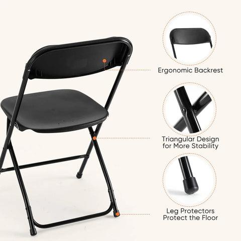 Back view of a black folding chair with ergonomic backrest, triangular supports, and leg protectors for Folding Chairs Sets Of 10 330 Lb Capacity Plastic Stackable Portable Patio Dining Set For Indoor Outdoor Use Camping Garden Party Meeting Black Weather Resistant For Year Round Use.