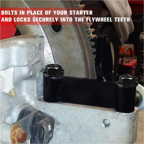 LS Flywheel Locking Tool For GM Rear Wheel Drive V8 Engines installed in place, showing bolts and flywheel engagement