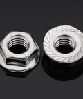 Close-up of 10-24 Serrated Flange Hex Lock Nuts Set In Stainless Steel 18-8 304 Bright Finish 100 Pack With 0.190 Inch ID