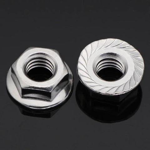 Close-up of 10-24 Serrated Flange Hex Lock Nuts Set In Stainless Steel 18-8 304 Bright Finish 100 Pack With 0.190 Inch ID