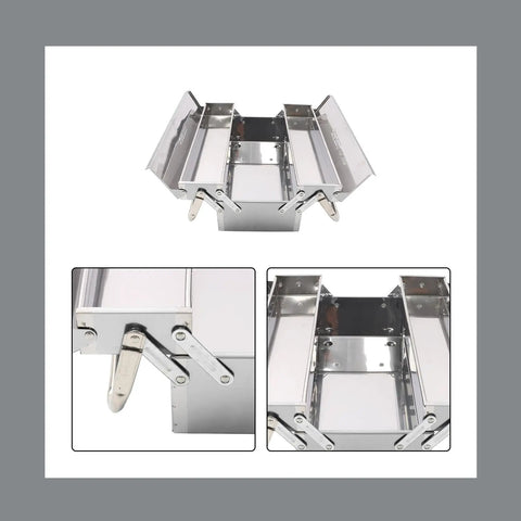 Heavy Duty Folding Stainless Steel Toolbox With Slick Pull Out Drawers And Hardened Steel Carry Handle showing open drawers and hinge detail.