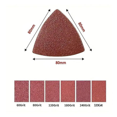 Get ready to crush your DIY projects with these awesome 30 Piece Set Of 80mm Triangular Sanding Discs showing 80mm size and grit variety.
