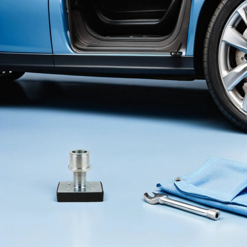 Heavy Duty Rubber Lift Tray Pad With Enhanced Load Distribution And Wear Resistance For Car Shops Off Road Gear And Heavy Maintenance Tasks, shown beside a wrench and cloth.