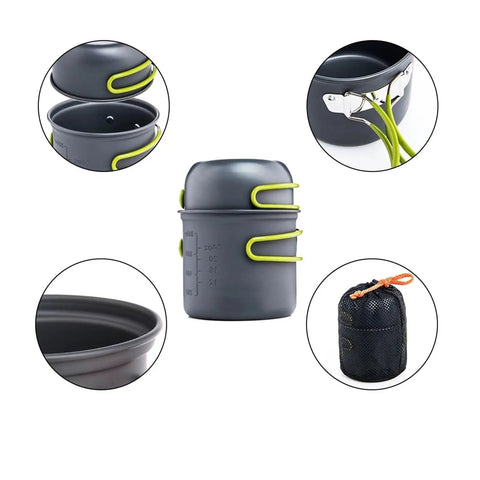 All In One Outdoor Camp Cookware Set With Pot And Tableware For Hiking Picnics Travel And Camping Lightweight Compact Durable Green Dishes Kit