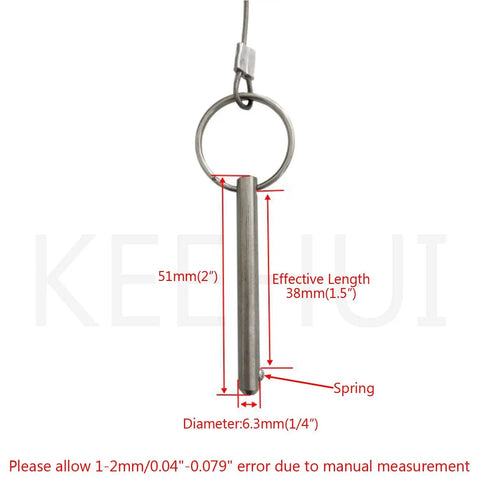 Diagram of Set Of 4 Beefy Quick Release Pins One Quarter Inch Stainless Steel 316, showing measurements and spring mechanism.