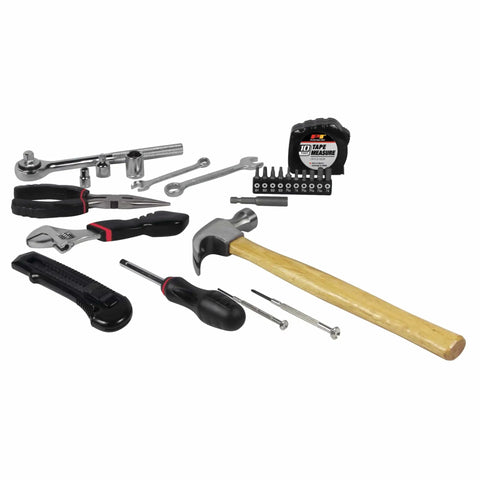 107 Piece Home And Auto Tool Set With Reversible 3/8 Inch Drive Ratchet, Pliers, Wrenches, Bit Driver, Hammer, Tape Measure