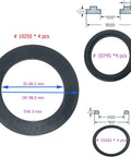 Washer and Ring Kit for One And One Half Inch Fittings with O Ring Rubber Washers for Intex Pool Plunger Valves and Replacement Gaskets 12 Piece Set For Intex Pools showing three sizes of washers with dimensions labeled
