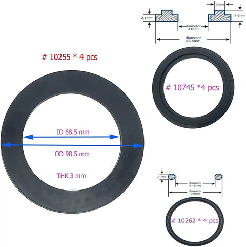 Washer and Ring Kit for One And One Half Inch Fittings with O Ring Rubber Washers for Intex Pool Plunger Valves and Replacement Gaskets 12 Piece Set For Intex Pools showing three sizes of washers with dimensions labeled