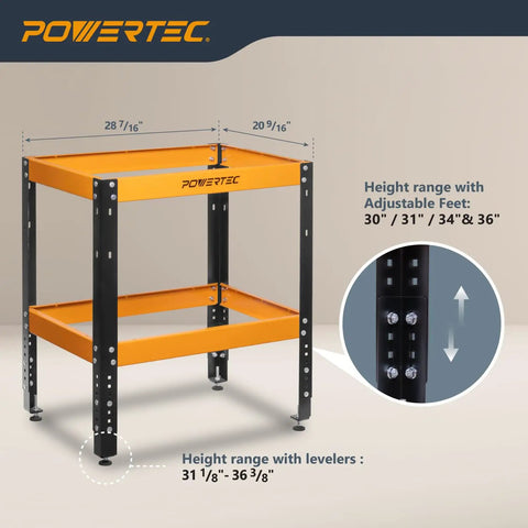 Rock Solid Heavy Duty Tool Stand Base With 400 Pound Load Capacity And Adjustable Height Leveling Feet For Router Tables And Miter Saws And Benchtop Gear In The Home Shop, featuring adjustable height feet shown in black and orange.