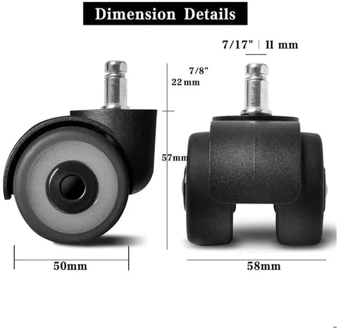 Heavy Duty Silent Rubber Castor Wheels Two Inch Five Piece Set dimensions showing 50mm and 57mm sizes for replacement glides.