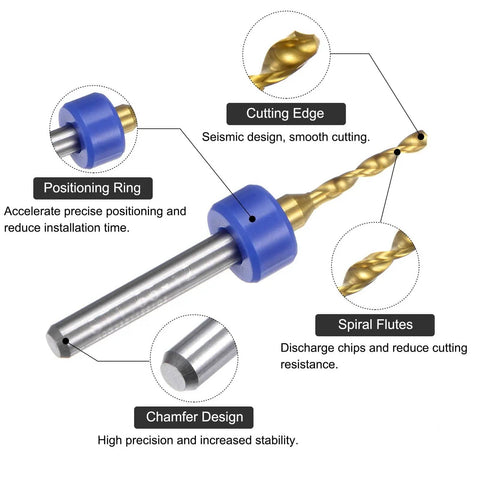 Ten Piece PCB Drill Bit Set One Eighth Inch Shank Titanium Coated Carbide Micro Twist Drill Bits features and design details