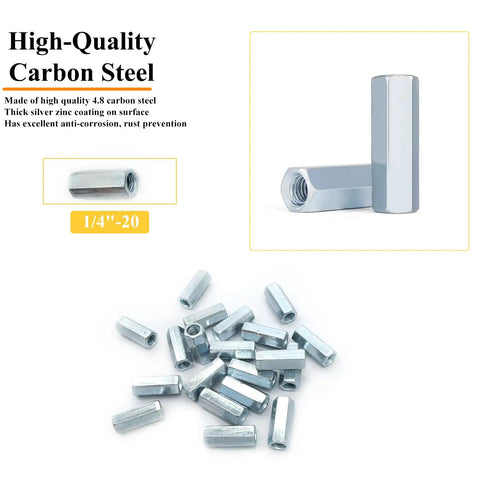 Image of a Twenty Pack One Quarter Inch Twenty Thread Hex Coupling Nuts Zinc Plated Heavy Duty Extended Hexagon Rod Connectors.