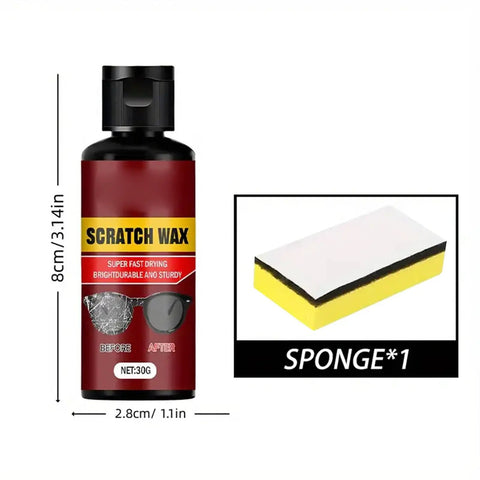 Lens Scratch Remover For Glasses And Eyewear 30g bottle with sponge, dimensions labeled, for sunglasses, goggles, and windshields repair