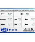 340 Piece Black Phillips Self Tapping Screws Set M3 M3.5 M4 M5 With Washer And Cross Head Pad Kit Assortment Box For DIY Projects Includes 20 Boxes Great Value For DIYers label showing screw types and quantities
