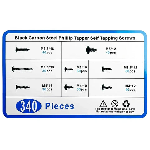 340 Piece Black Phillips Self Tapping Screws Set M3 M3.5 M4 M5 With Washer And Cross Head Pad Kit Assortment Box For DIY Projects Includes 20 Boxes Great Value For DIYers label showing screw types and quantities