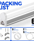 LED Shop Light 2Ft 6500K Super Bright White with 6 Pack, mounting hardware, and cords shown in packaging list.