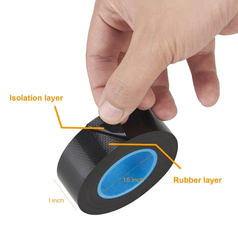 Hand holding a roll of Six Pack Self Fusing Rubber Tape For Electric Cable Splicing And Pipe Water Leak Repair 1 Inch By 10 Feet 6 Rolls.