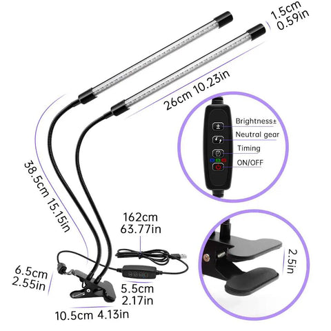 Dual Head UV Light With USB Power, 395nm To 405nm Dimmable Black Light Lamp, dimensions and control feature details