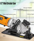 Extbtfor 4-1/2in mini circular saw, side view with laser guide, orange body and vacuum adapter