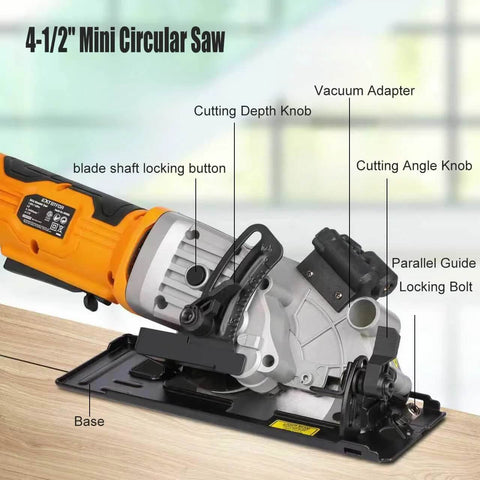 Extbtfor 4-1/2in mini circular saw, side view with laser guide, orange body and vacuum adapter