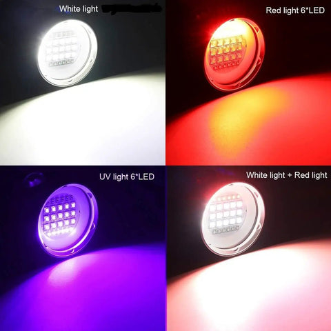 Underwater Scuba Diving Video Light With White UV Red Modes 120 Degree Wide Beam showing white, red, and UV LED modes.