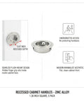 5 Pack Recessed Cabinet Pulls With 1.38 Inch Square Zinc Alloy Flush Mount Handles, flush design, diagram showing 0.47 inch depth.