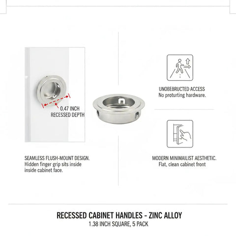 5 Pack Recessed Cabinet Pulls With 1.38 Inch Square Zinc Alloy Flush Mount Handles, flush design, diagram showing 0.47 inch depth.