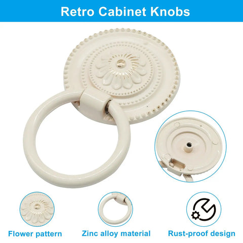 Drop Ring Cabinet Pulls Set 6 Pcs Vintage Bronze Knobs Antique Drawer Handles For Kitchen Cupboard Furniture Ivory White 46mm Diameter Retro Dresser Hardware, front view showcasing flower pattern and zinc alloy