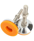 Built Tough Heavy Duty Carbon Steel Leveling Feet With M10 X 80 Millimeter Threads And Orange Grip Pads shown from the side.
