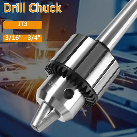 Heavy Duty MT2 Drill Chuck Assembly With Half Inch Capacity For Lathe Tailstock And Precision Shops Made Tough To Handle Any Daily Grind Job Ready With Key, close-up view of JT3 drill chuck with 3/16" - 3/4" capacity.