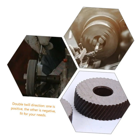 4Pcs Beefy High Strength Diagonal Replacement Knurling Wheel Set For Surface Texturing Coarse Knurling Tools Durable Steel Construction Includes Positive And Negative Twill Directions shown in use and detail view